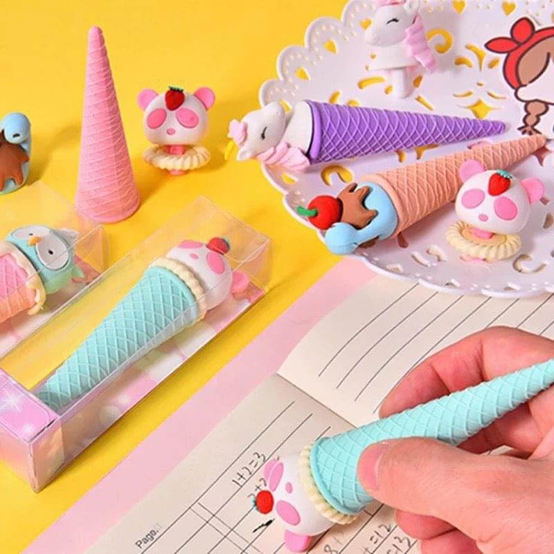 Novelty stationery: A display box of adorable ice cream erasers with character tops (owl, swan, unicorn, bear) in pastel colors, ideal for children's gifts and party favors from Usmile Toys. www.usmile.toys